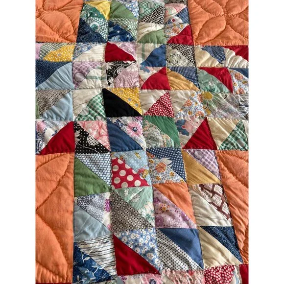 Vintage Handmade Patchwork Quilt 80x62 Multicolor Scrap Quilt Yellow Back - Picture 9 of 16